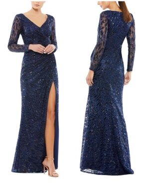 Mac Duggal Long Sleeve Sequin Faux Wrap Gown in Midnight Size US 14